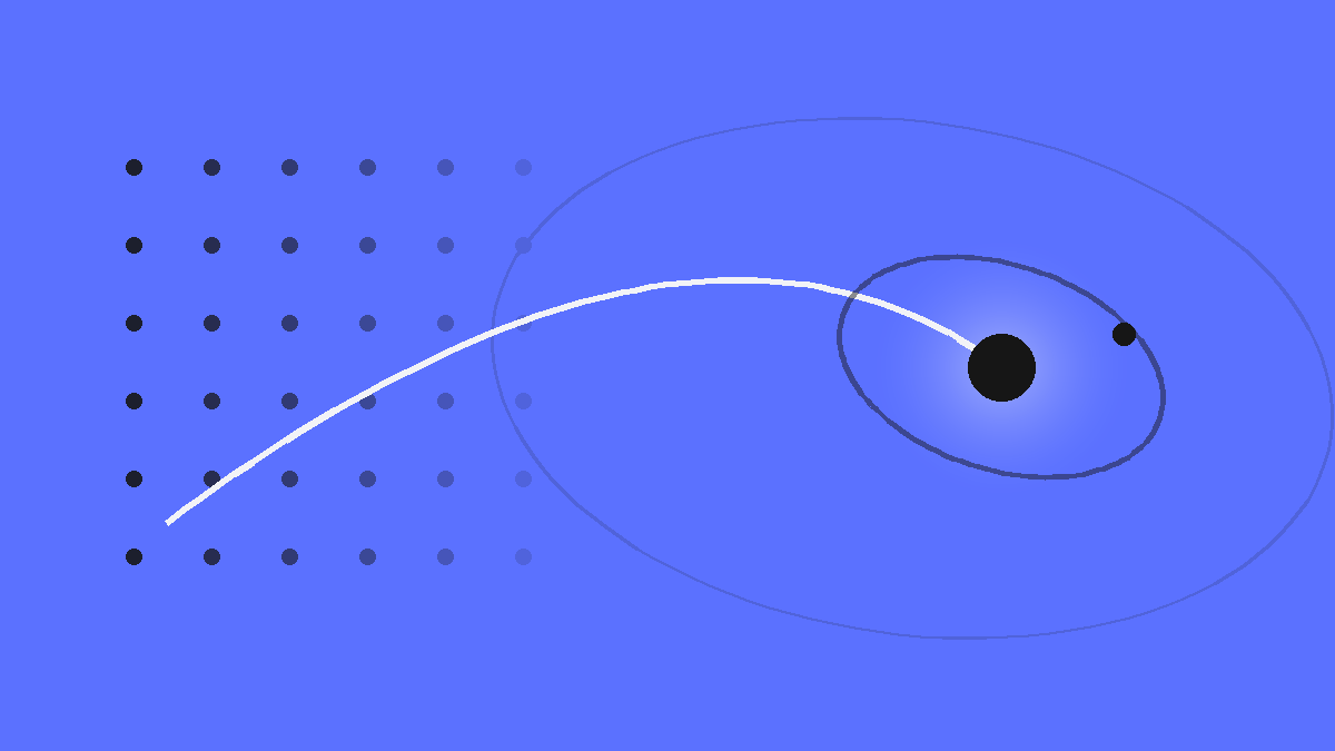 Ilustração da Stellatus para transformação digital: grade rígida que se transforma em órbita